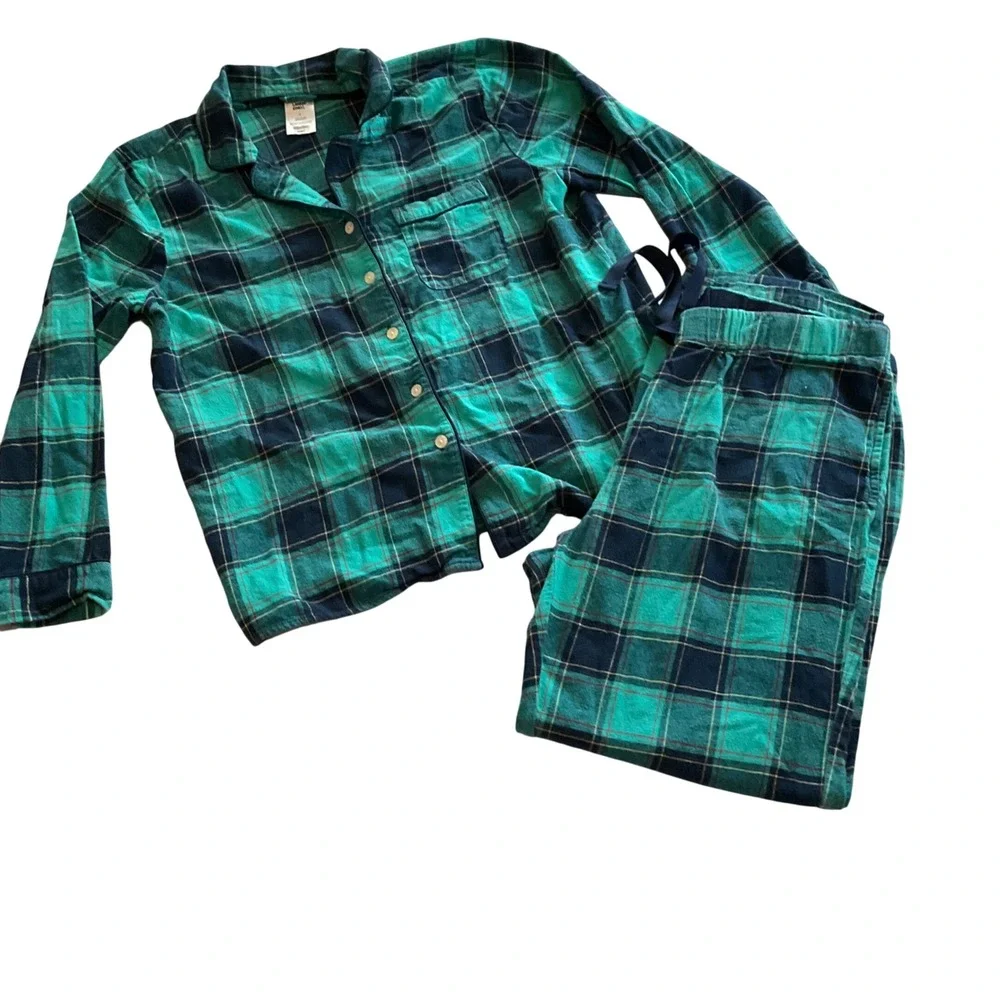 Lands End Plaid Flannel Pajama Set Long Sleeve Button‎ Up Pants Women's L